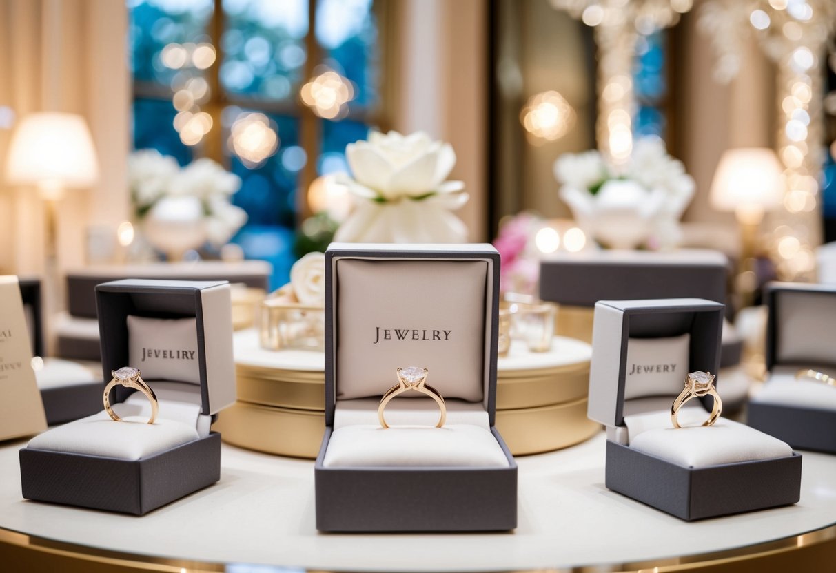 A jewelry store with wedding rings on display, surrounded by elegant packaging and romantic decor