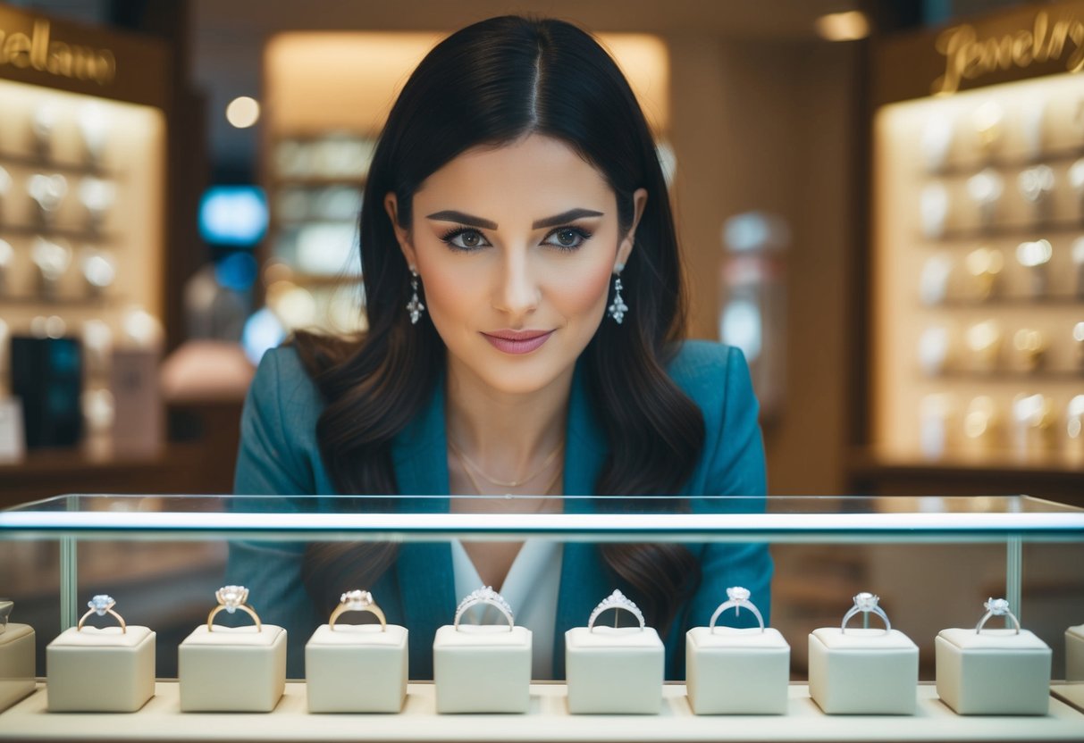 A woman gazes at a display of wedding rings in a jewelry store, looking contemplative and unsure