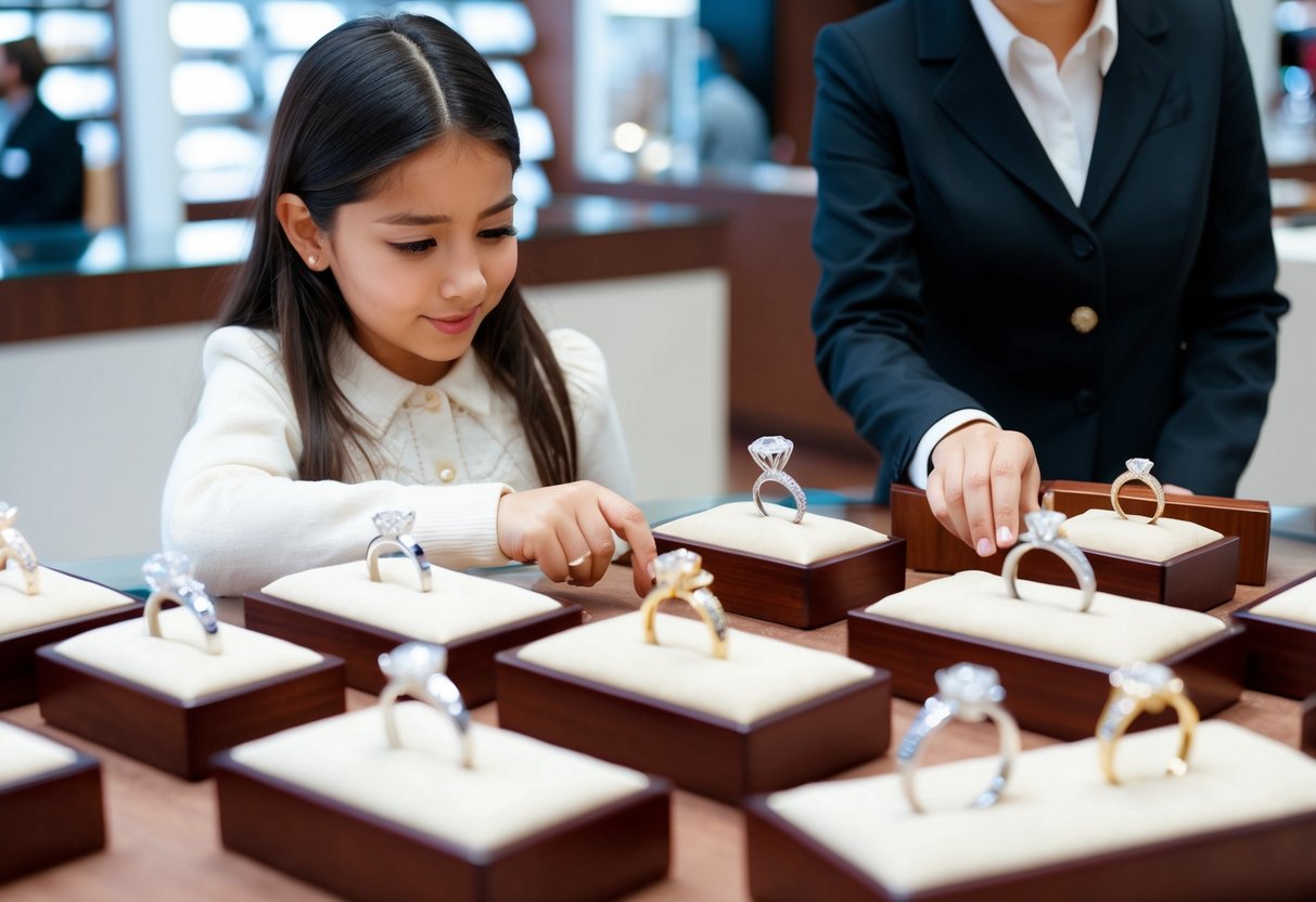 A girl carefully examines a variety of wedding rings displayed in a jewelry store, while a salesperson stands nearby ready to assist