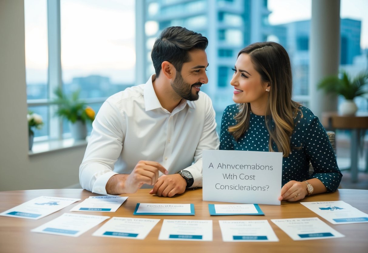 A couple sitting at a table, surrounded by wedding announcement samples and pricing information, discussing cost considerations