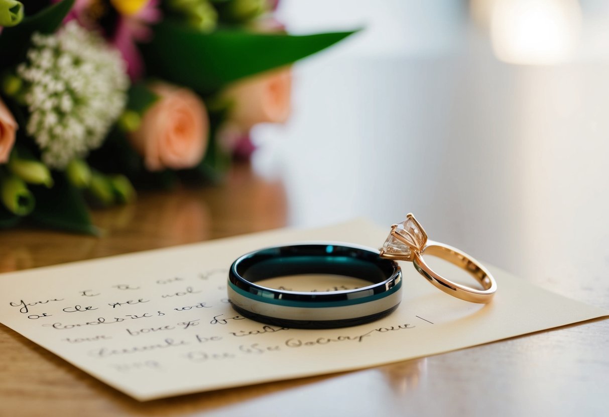 A ring placed on a table next to a handwritten note and a bouquet of flowers