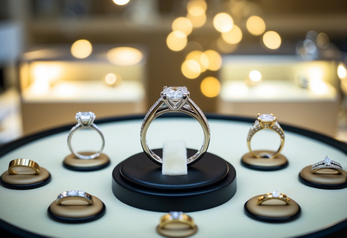 A man's wedding ring surrounded by various design elements and personalization options, displayed in a jewelry store setting