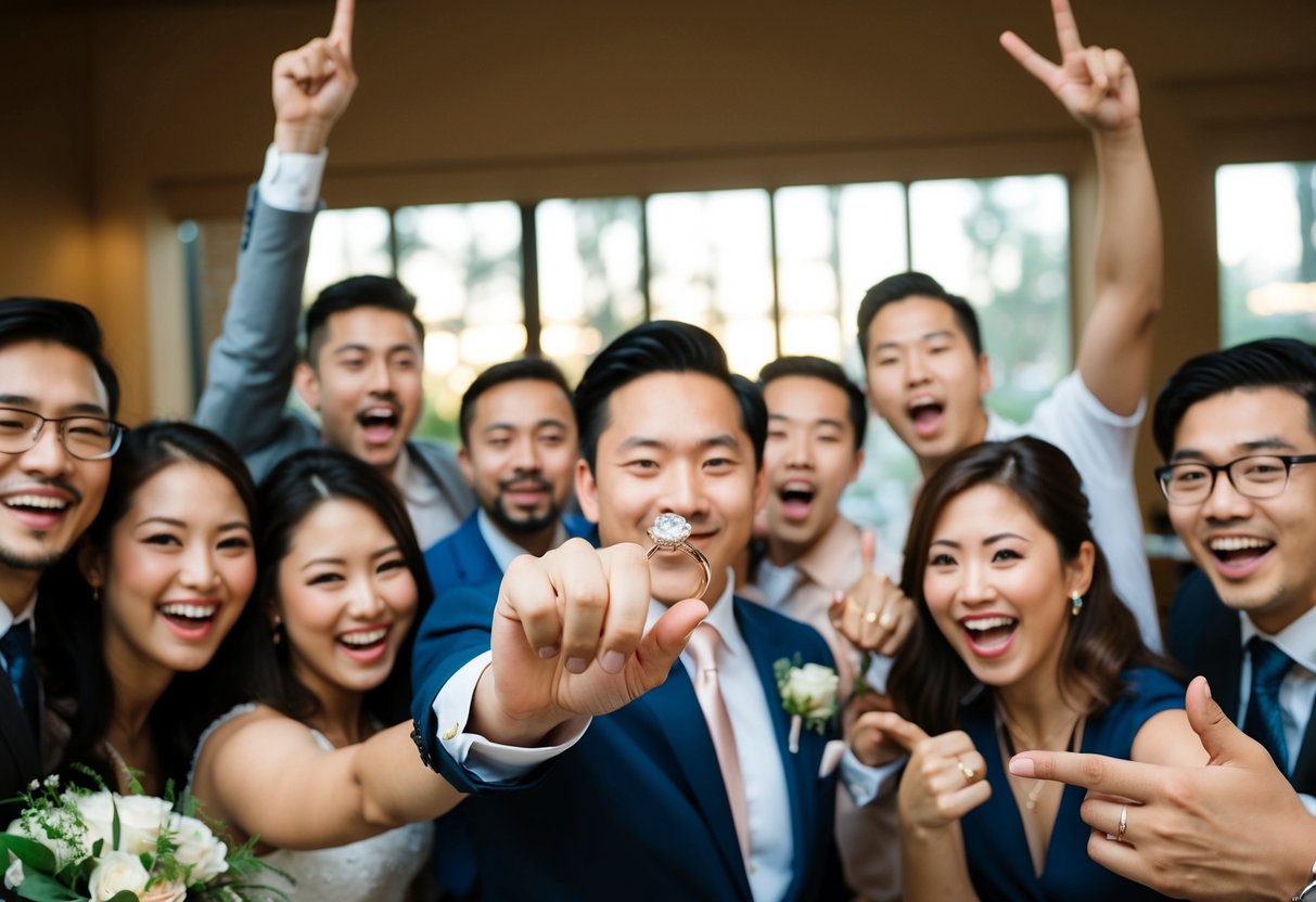 A person holding up a wedding ring, surrounded by a group of excited friends, gesturing and smiling