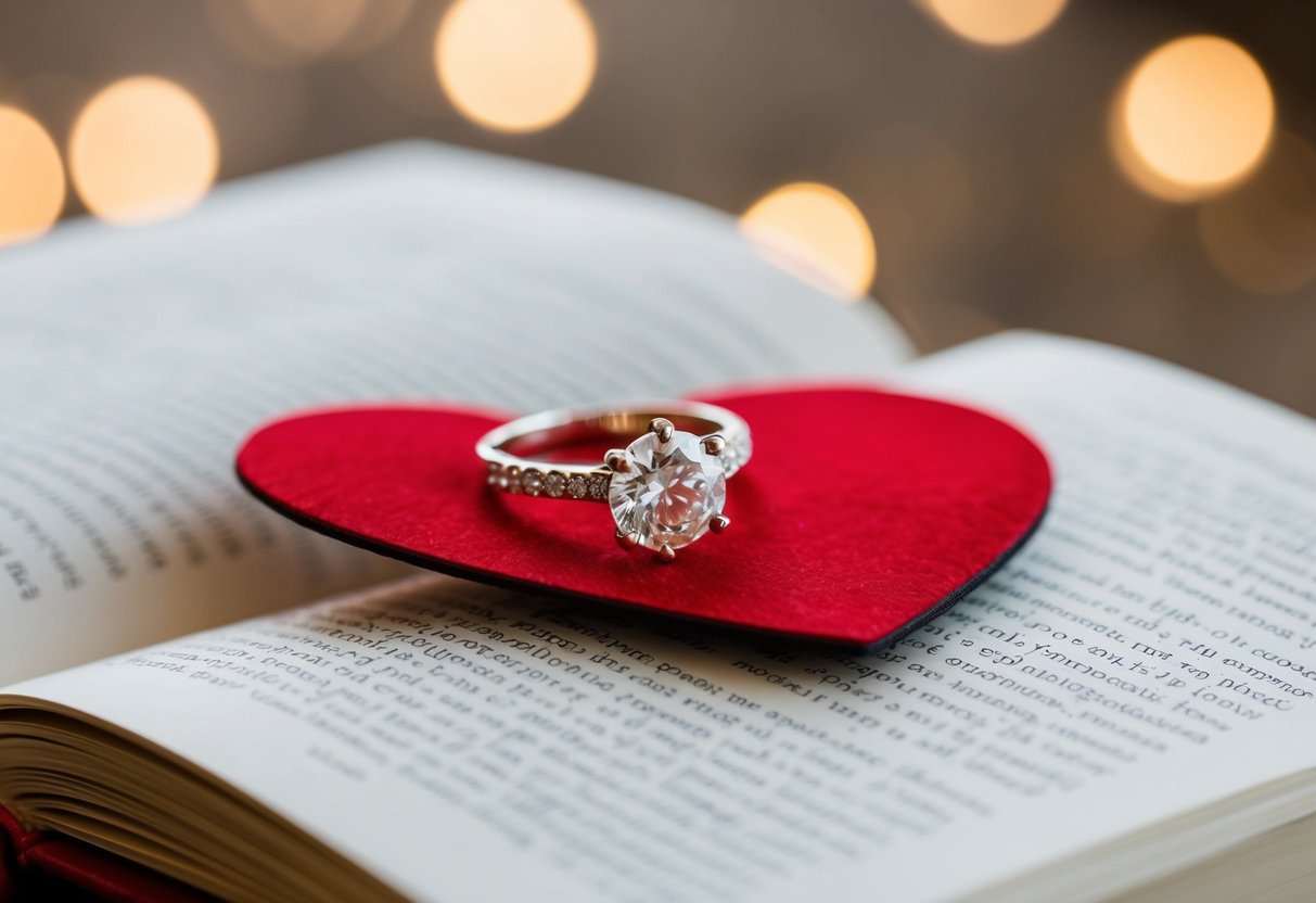 A ring displayed on a book with a heart-shaped bookmark