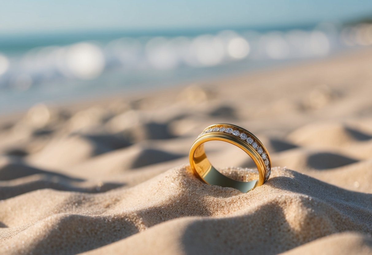 A golden wedding band lies abandoned on a sandy beach, half-buried in the smooth, sun-warmed grains