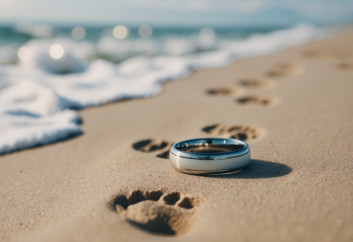 A wedding band lies forgotten on a sandy beach, surrounded by footprints and the gentle lapping of waves