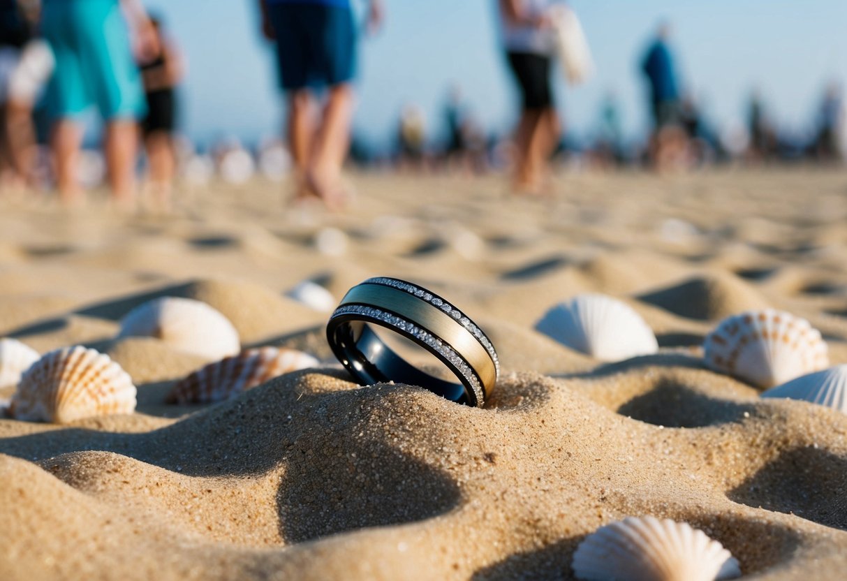 A wedding band lies lost in the sand at a crowded beach, surrounded by footprints and seashells