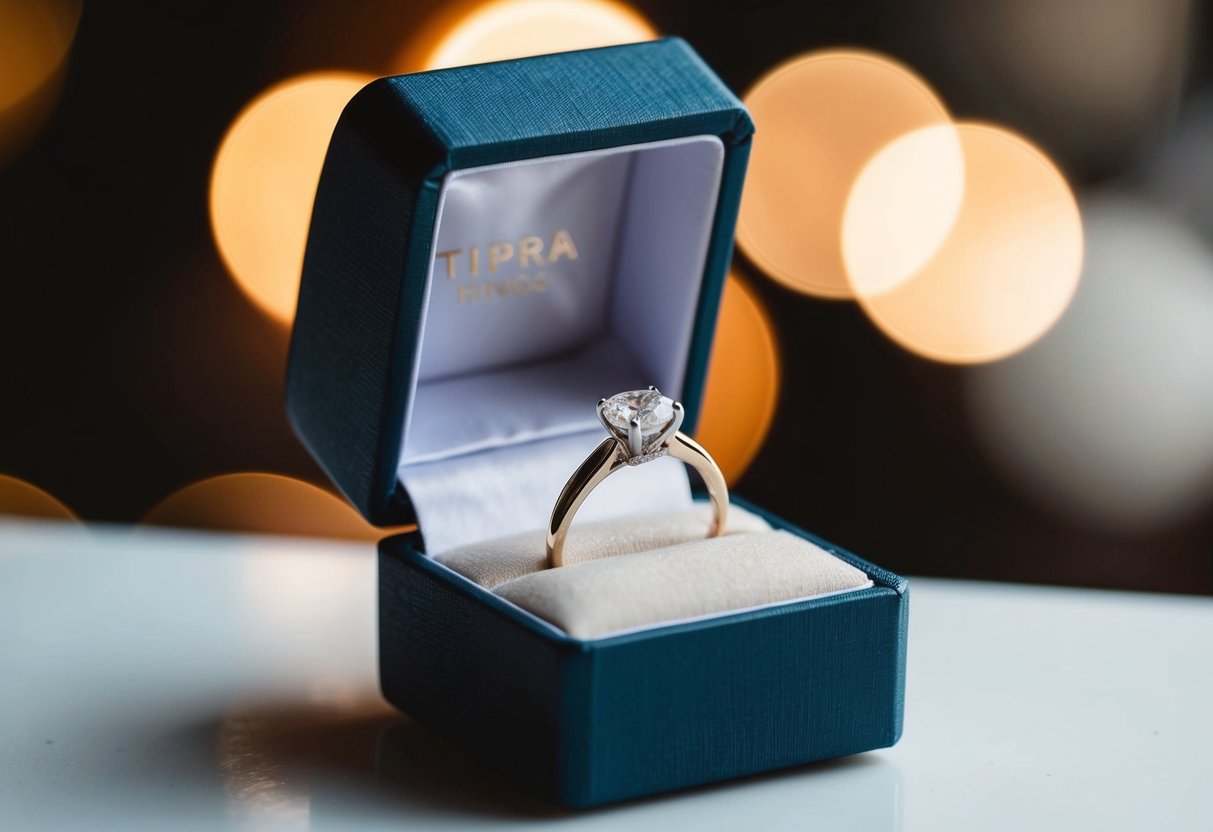 A ring box opening to reveal a sparkling engagement ring nestled inside