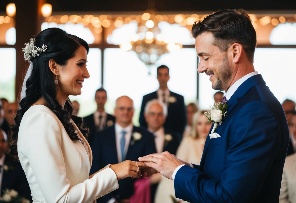 A newlywed couple exchanging wedding rings in a traditional ceremony