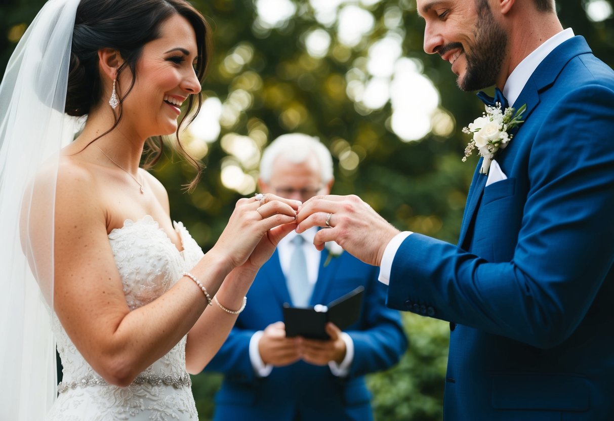 A bride and groom exchanging new rings during a wedding ceremony