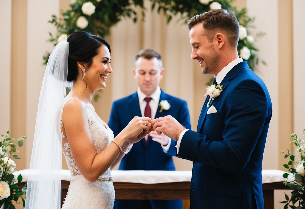 A newlywed couple exchanging rings at the altar