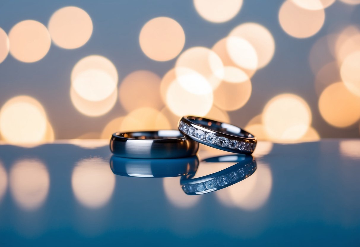 Two wedding rings resting side by side on a smooth, reflective surface