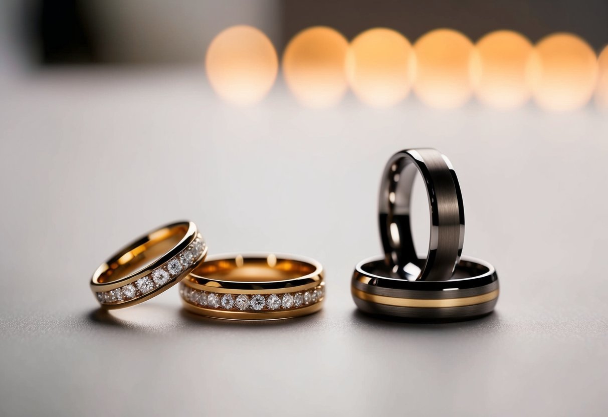 A table with two contrasting wedding ring sets, one traditional and the other modern, displayed under soft lighting