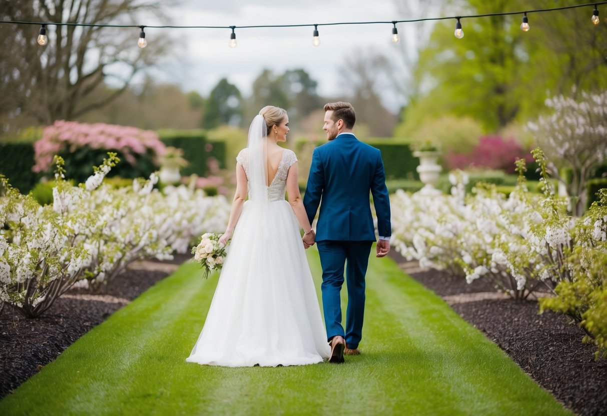 A newlywed couple walking hand in hand through a blossoming garden