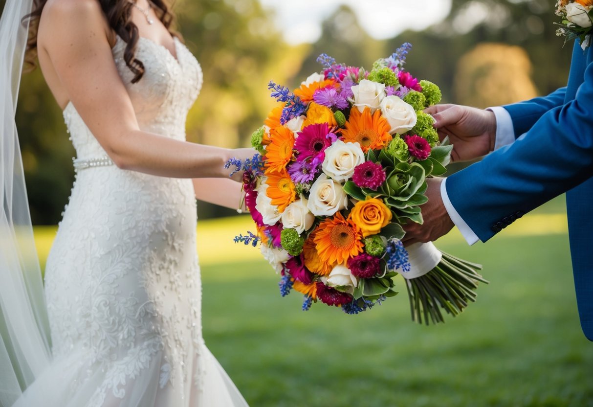 A bouquet of colorful flowers being handed to a newly married couple
