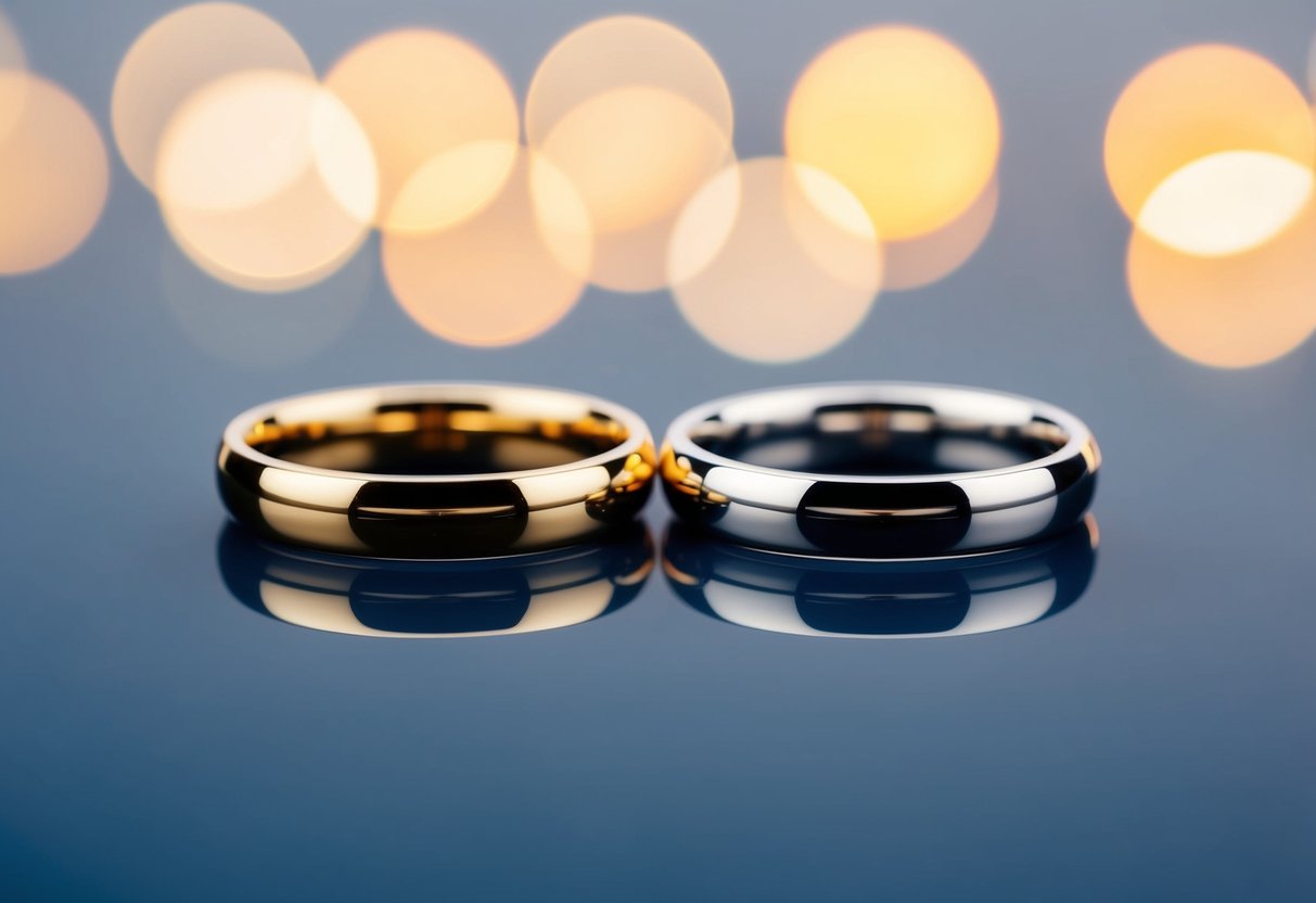 Two wedding rings, one in gold and the other in silver, placed side by side on a smooth, reflective surface