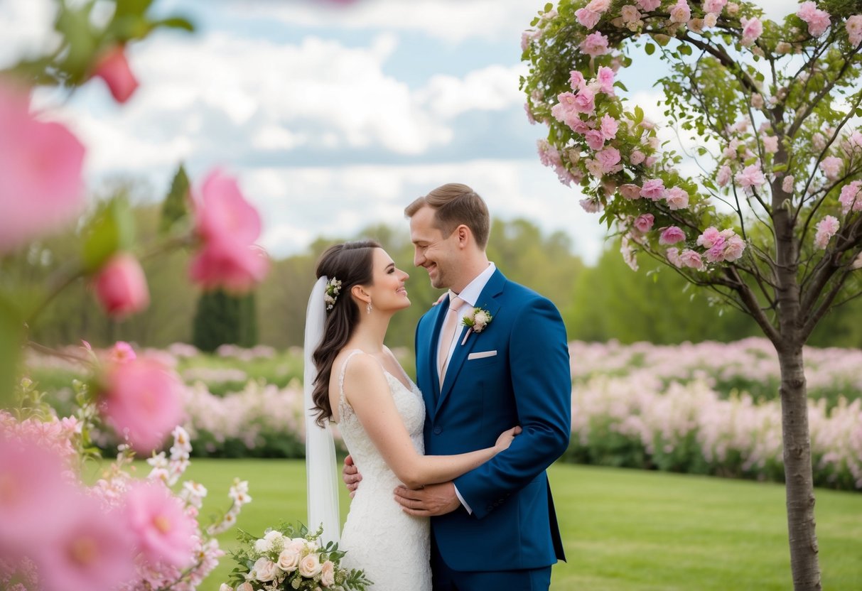 A newlywed couple surrounded by blooming flowers and a heart-shaped tree