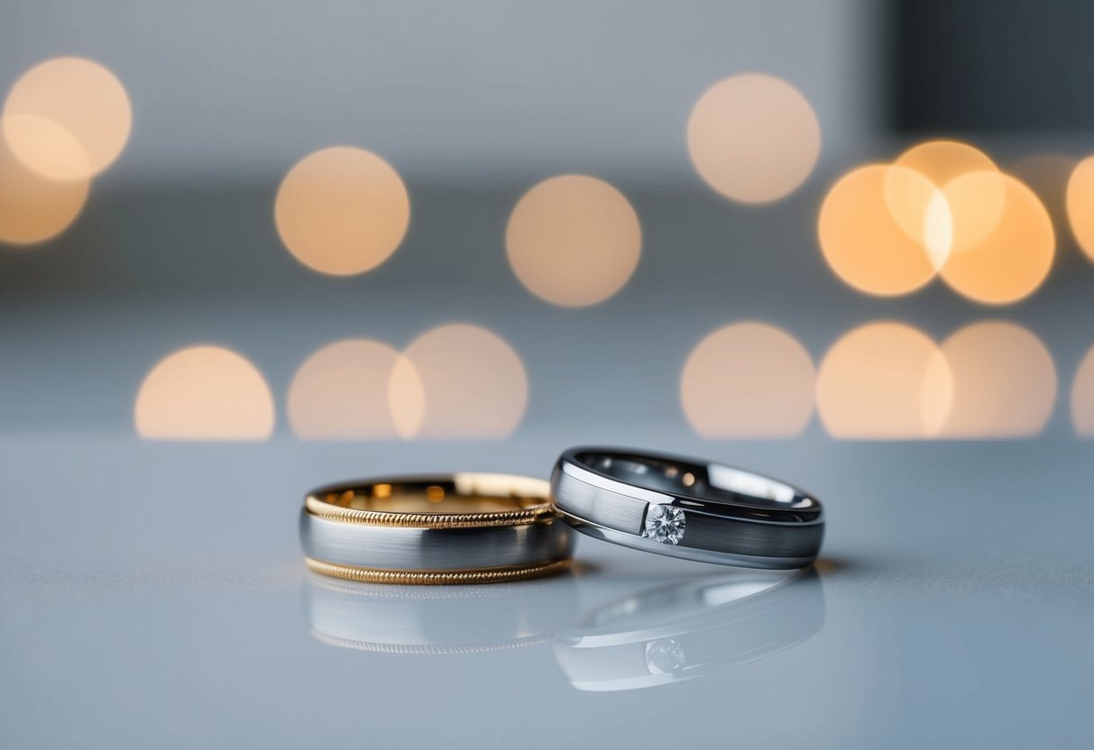 Two wedding rings, one with a classic design and the other with a modern twist, placed side by side on a sleek, minimalist surface
