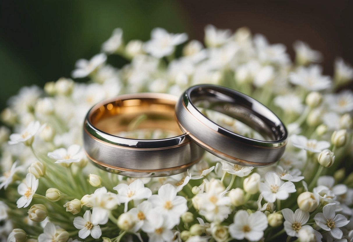 A pair of interlocked wedding rings resting on a bed of delicate white flowers
