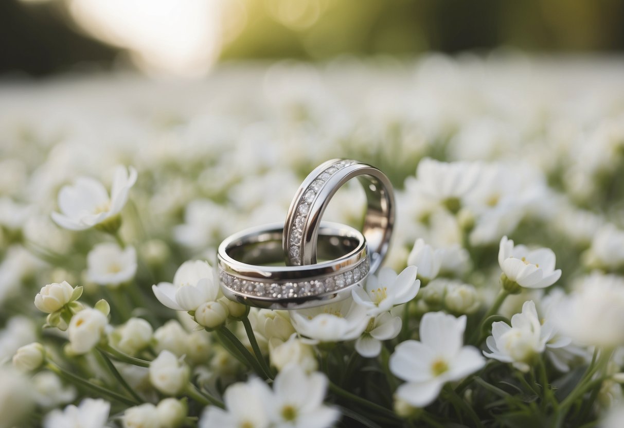 A pair of entwined wedding rings resting on a bed of delicate white flowers