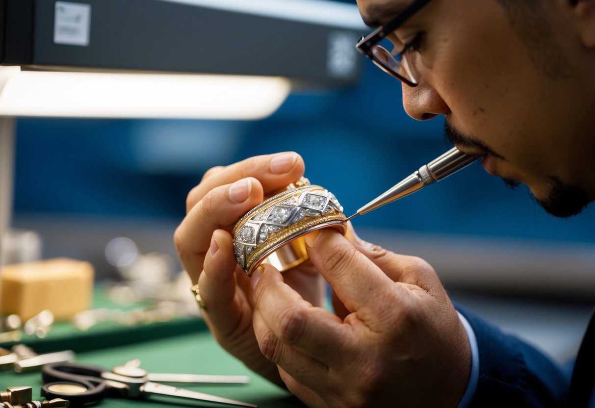 A jeweler carefully crafting a detailed men's wedding band using precious metals and intricate designs