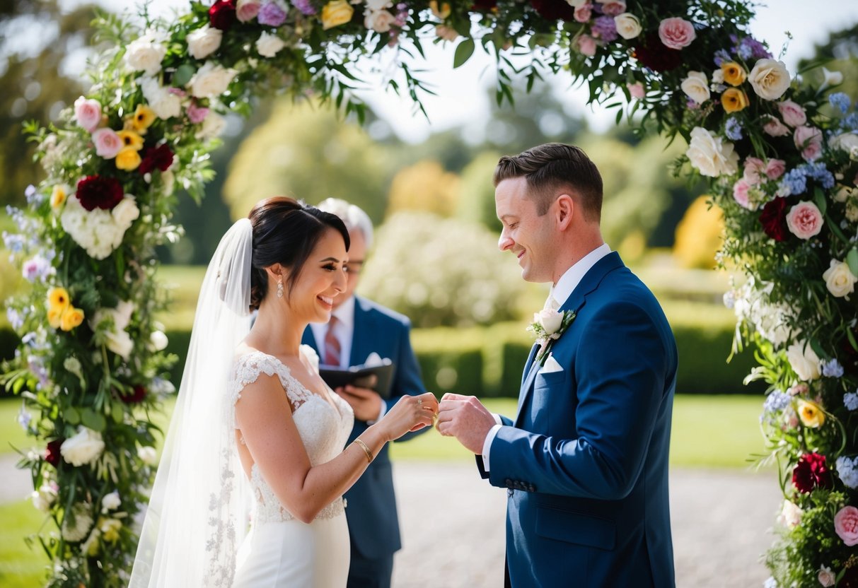 A bride and groom exchanging rings under a floral archway