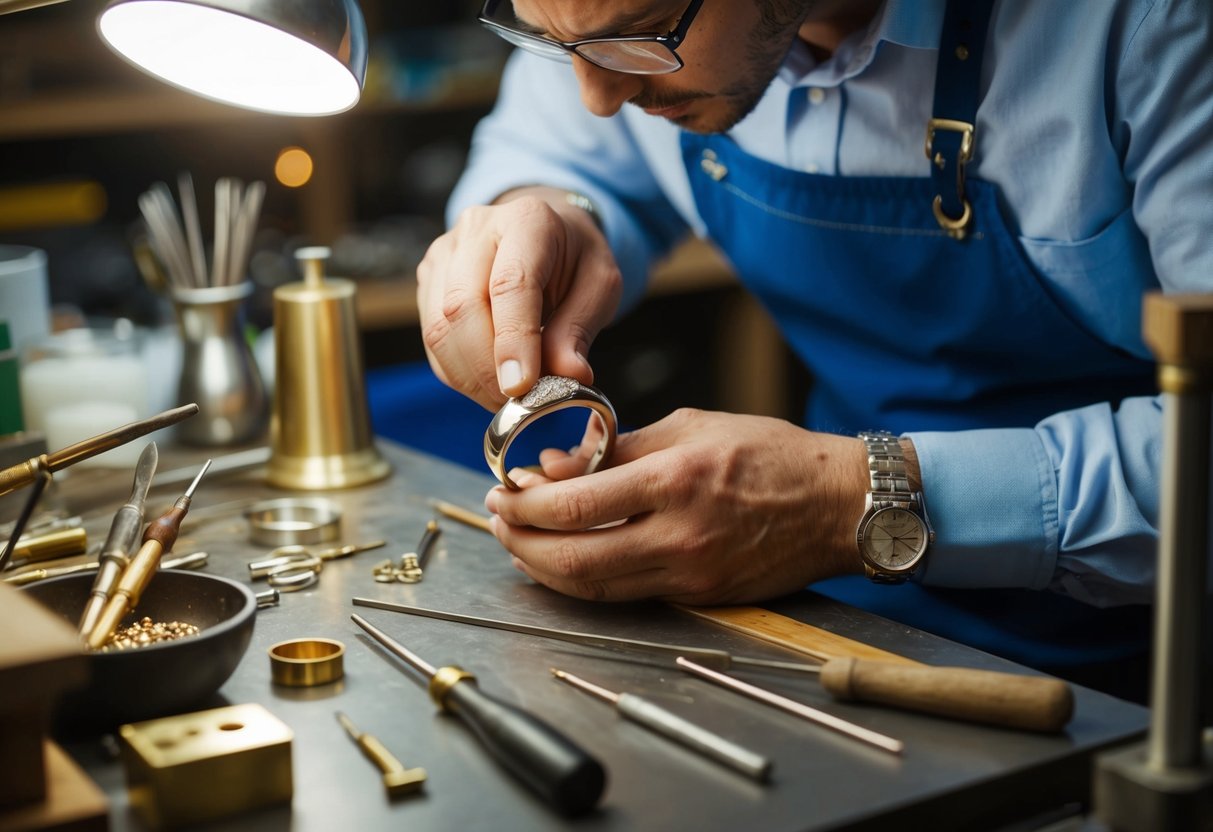 A jeweler meticulously crafts a men's wedding band, surrounded by tools and precious metals