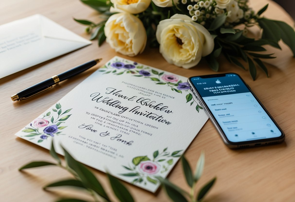 A hand-drawn wedding invitation lying on a table, surrounded by flowers and a pen, with a smartphone nearby showing the recipient's contact information