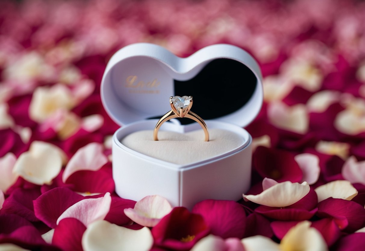 A heart-shaped wedding ring box nestled in a bed of rose petals