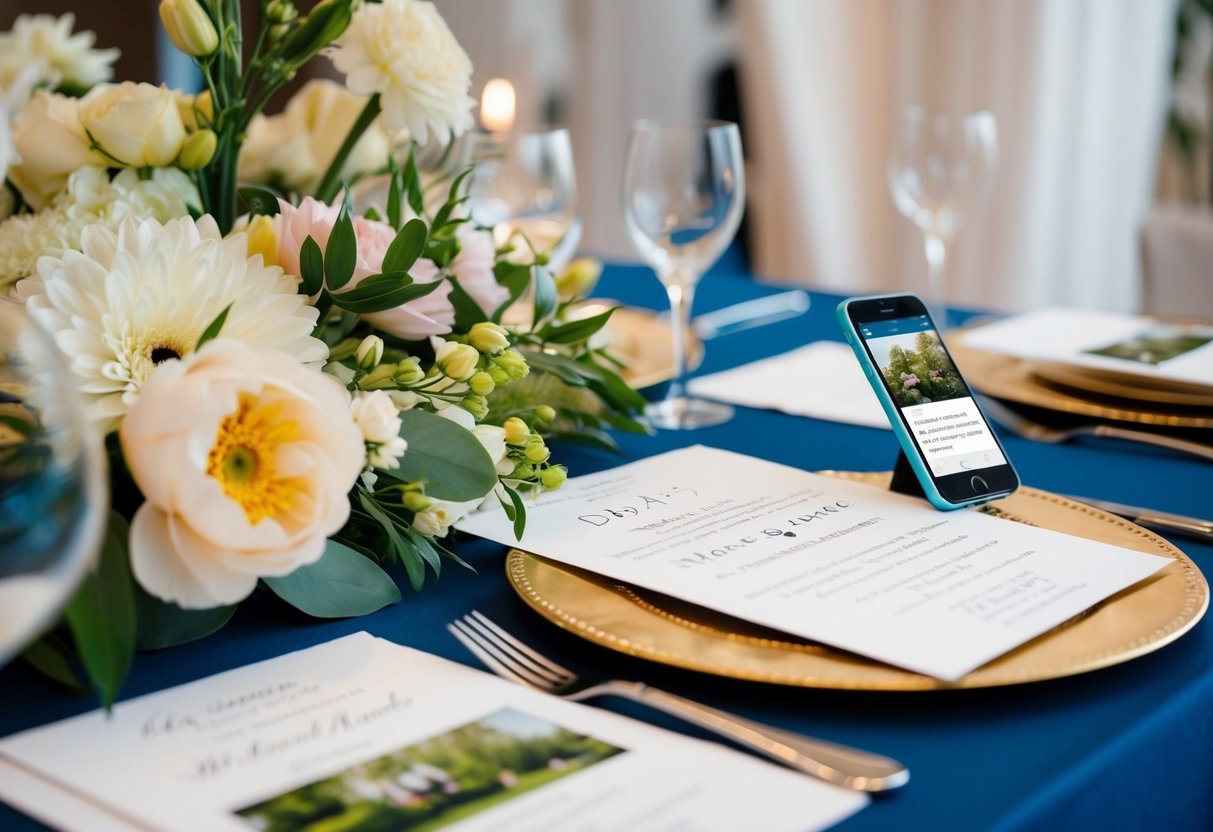 A beautifully decorated table with a wedding invitation, flowers, and a phone displaying a message draft