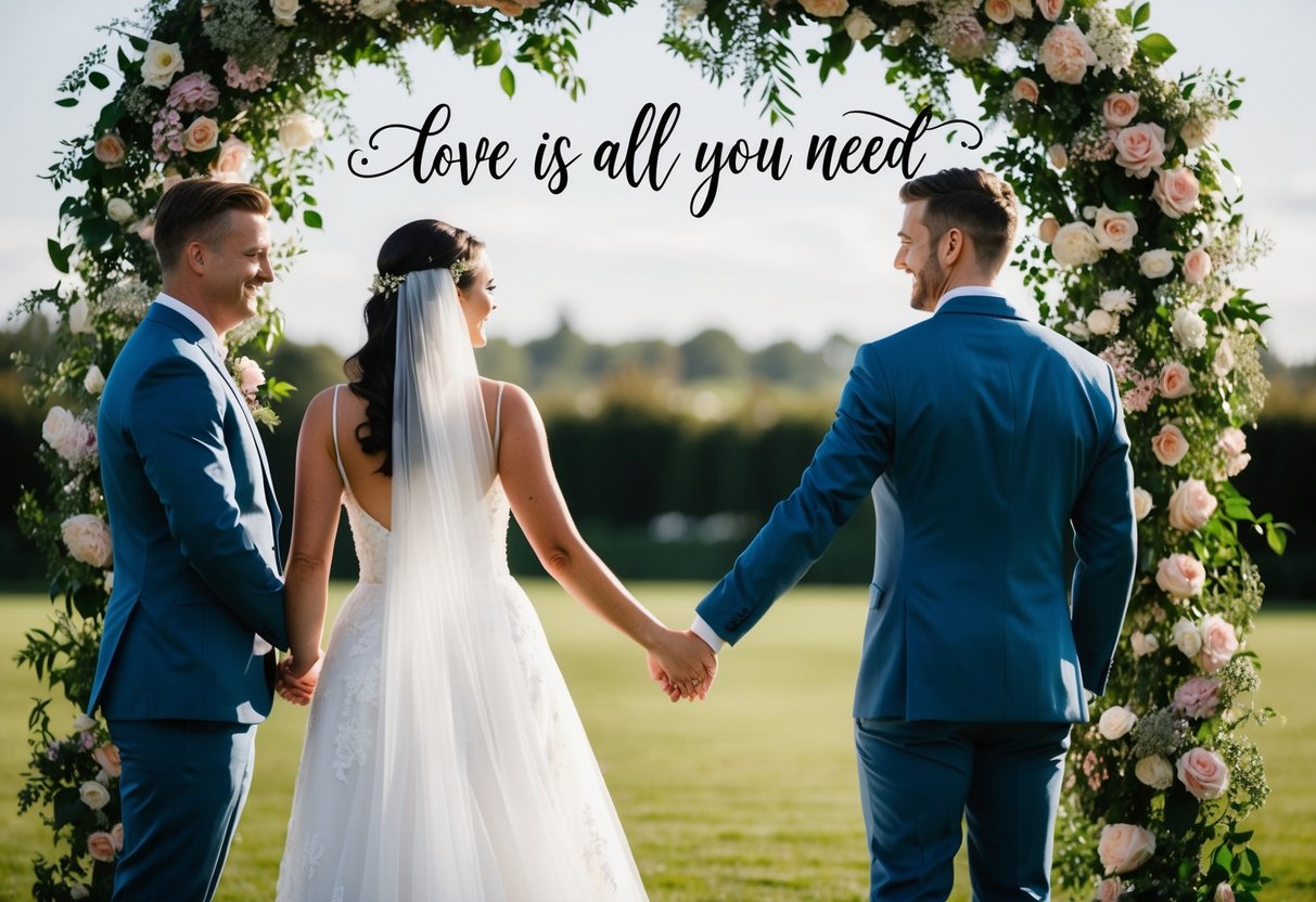 A bride and groom holding hands under a floral arch, with a calligraphy sign reading "Love is all you need" in the background