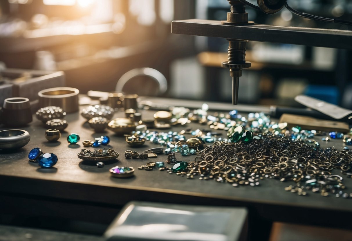 A jeweler's workbench scattered with gemstones and intricate metal embellishments