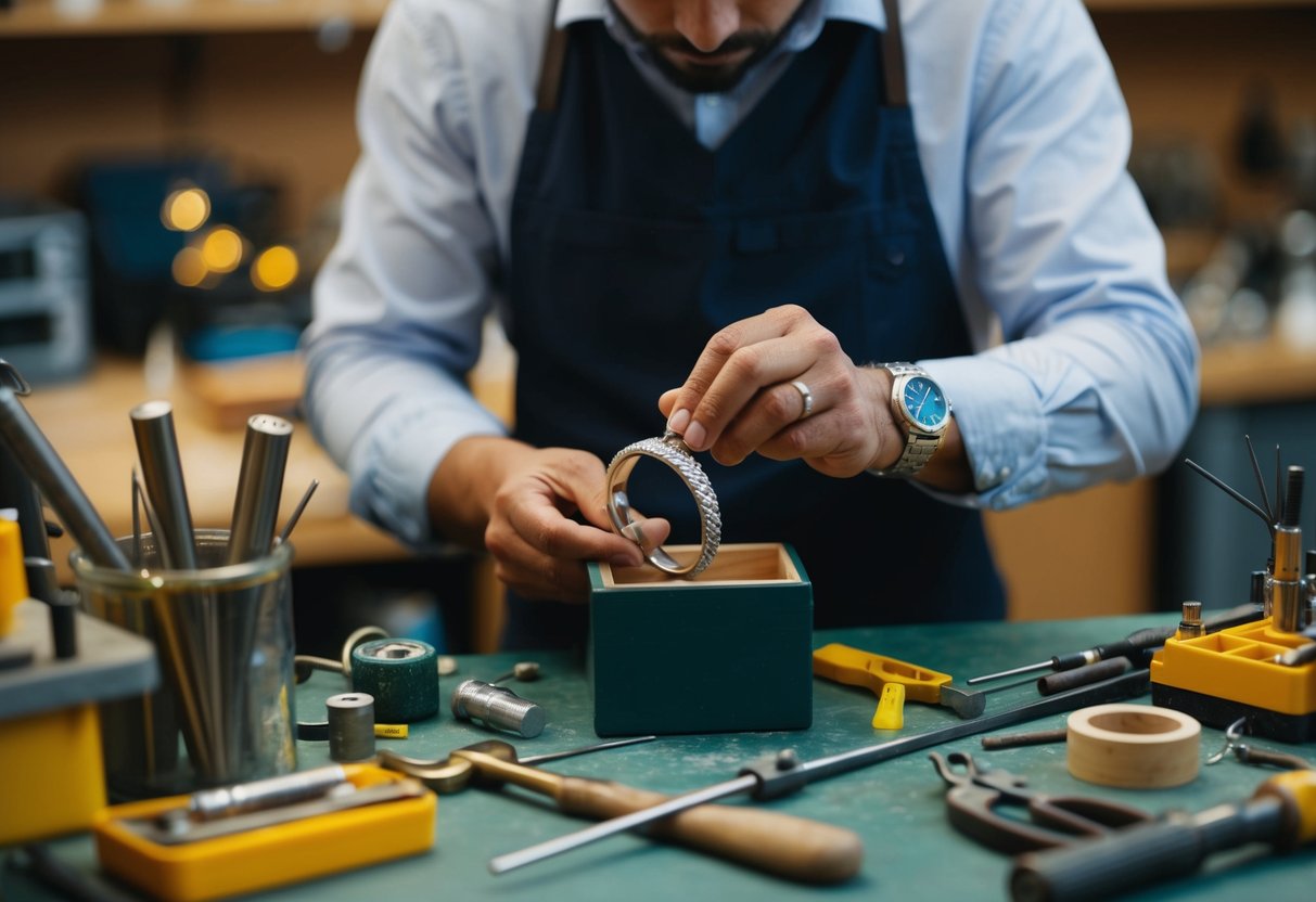 A jeweler carefully crafting a men's wedding band, surrounded by various tools and materials on a workbench