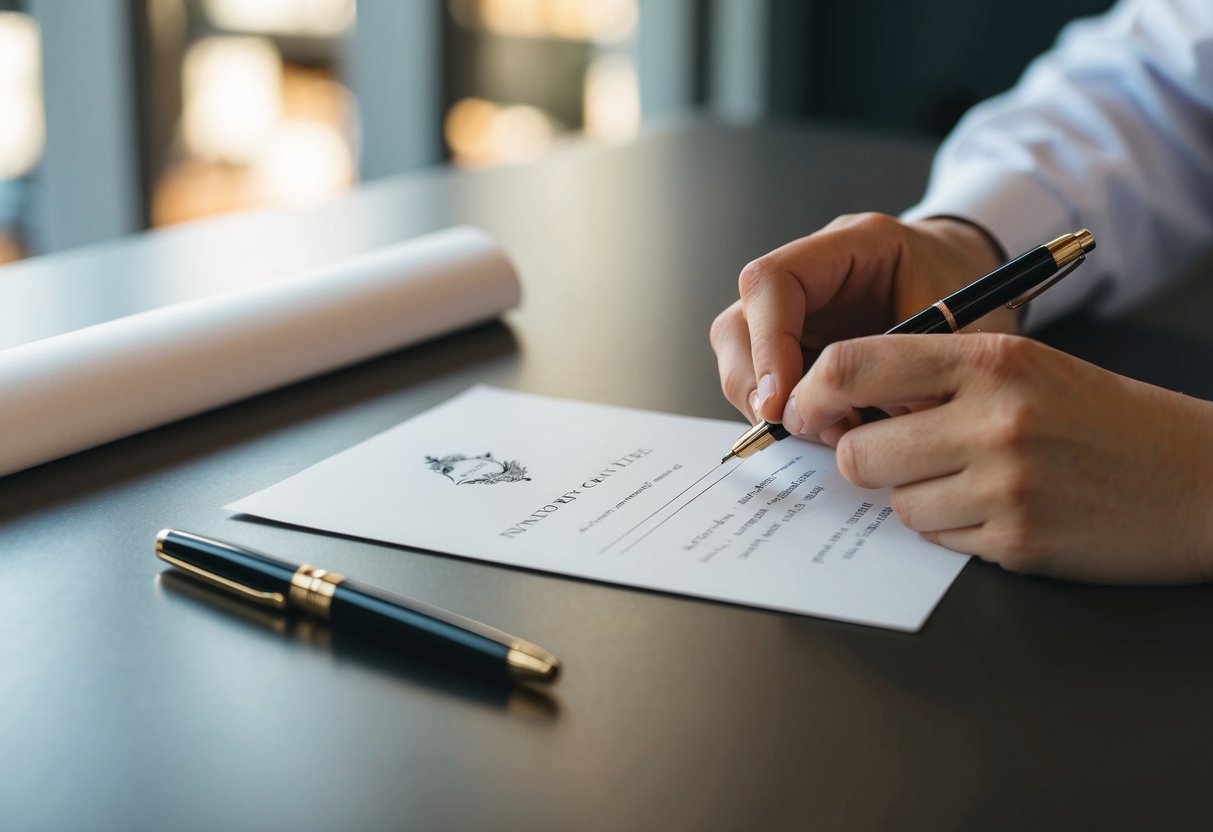 A table with a pen, paper, and a wedding invitation. A hand reaches for the paper, ready to write