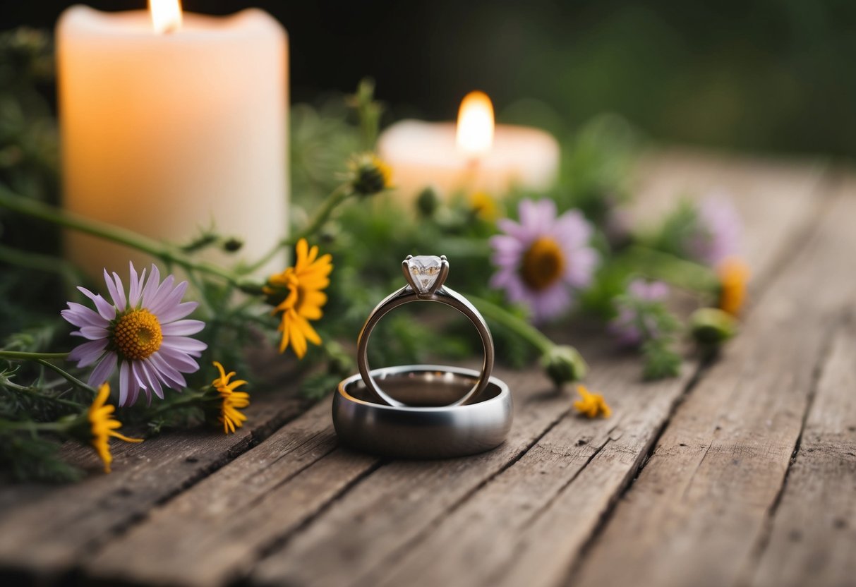 A simple wedding ring sits on a rustic wooden table, surrounded by wildflowers and soft candlelight