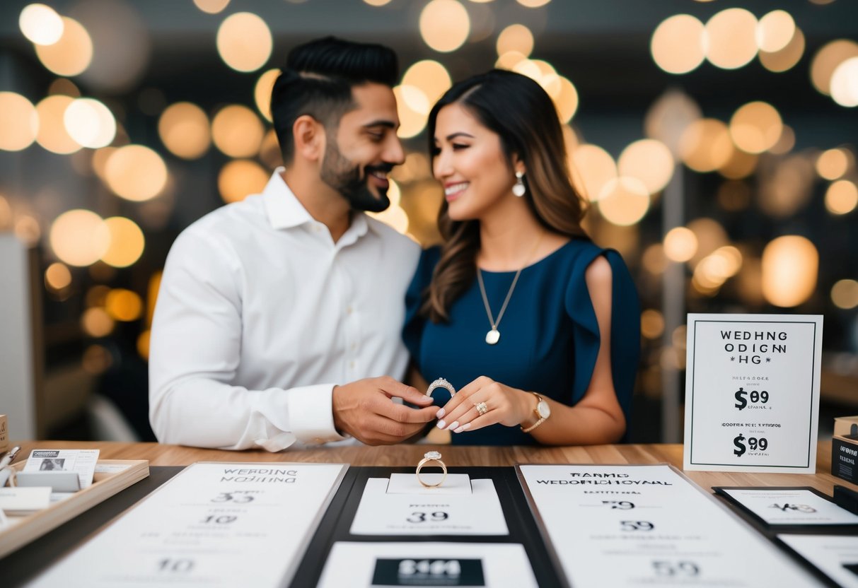 A couple admires a simple, personalized wedding ring, surrounded by various design options and pricing information
