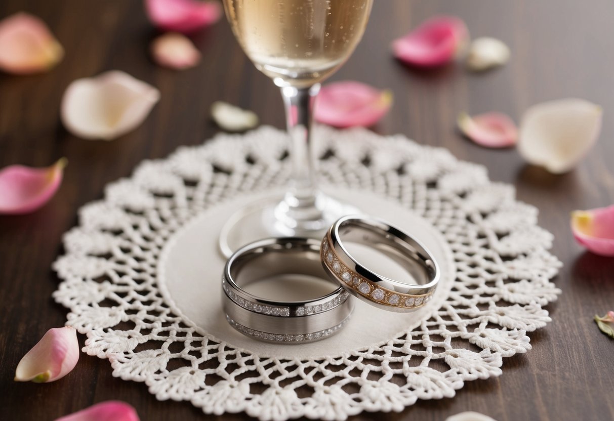 A pair of interlocked wedding rings placed on a delicate lace doily, surrounded by scattered rose petals and a champagne flute