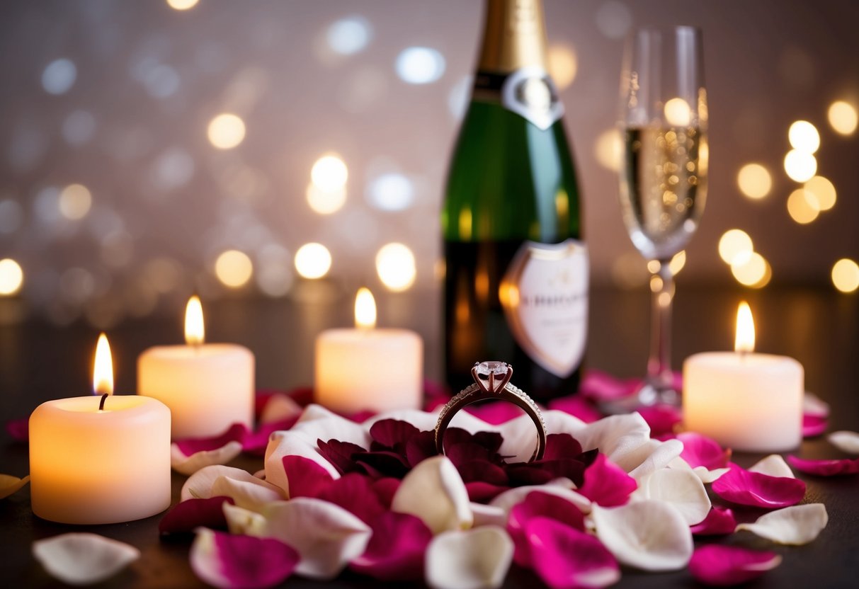 A wedding ring resting on a bed of rose petals, surrounded by flickering candles and a bottle of champagne
