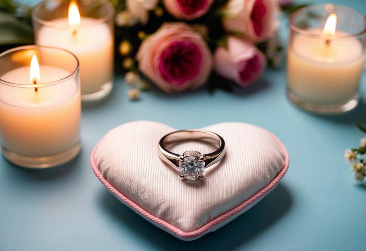 A wedding ring placed on a heart-shaped pillow, surrounded by flowers and candles