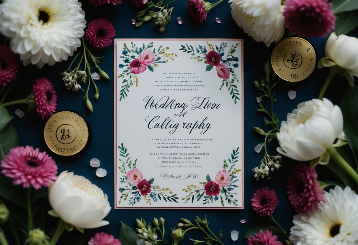 A beautifully decorated wedding invitation surrounded by flowers and elegant calligraphy