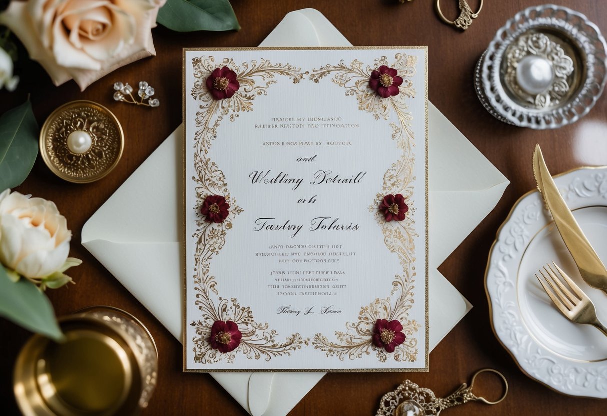 A beautifully decorated wedding invitation with elegant details and floral motifs