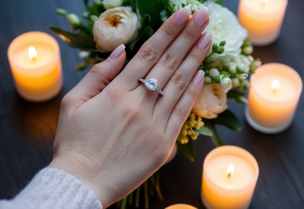 A hand holding a delicate engagement ring, surrounded by soft candlelight and a bouquet of flowers
