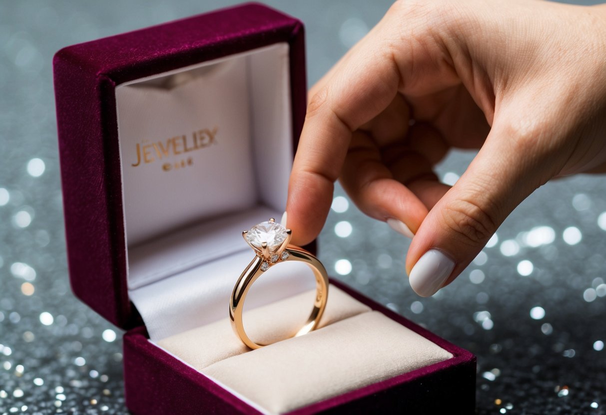 A hand reaching out to pick up a sparkling engagement ring from a velvet-lined jewelry box
