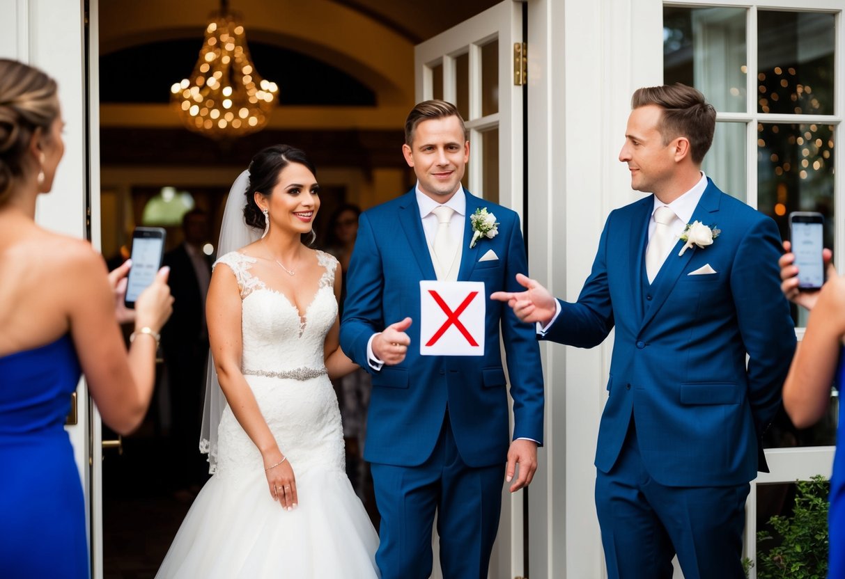 A bride and groom stand at the entrance to their wedding venue, holding a sign with a crossed-out smartphone symbol. They gesture to guests to put their phones away