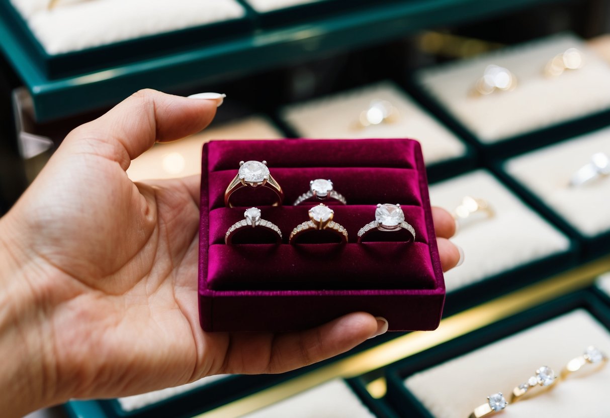 A hand holding a selection of engagement rings displayed on a velvet-lined tray in a jewelry store