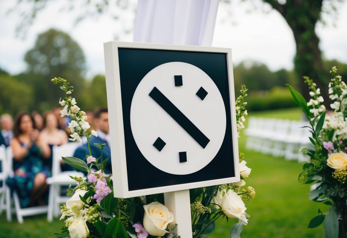 A serene outdoor wedding ceremony with a sign displaying a crossed-out phone symbol, surrounded by blooming flowers and greenery