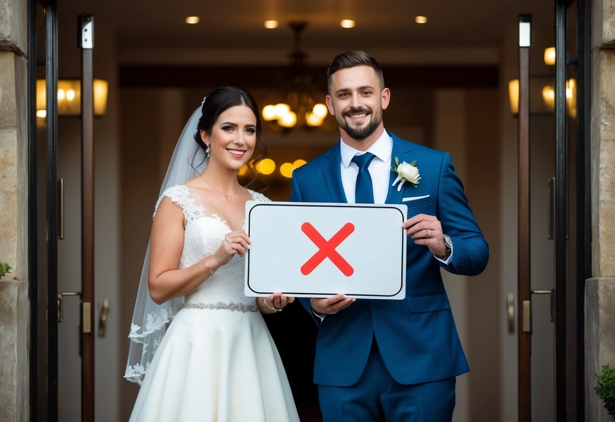 A couple standing at the entrance of their wedding venue, holding up a sign with a crossed-out smartphone and a heart symbol