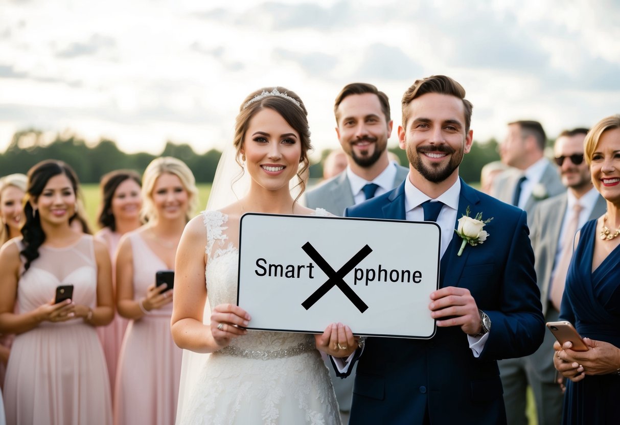 A bride and groom hold up a sign with a crossed-out smartphone symbol, while smiling guests put away their devices