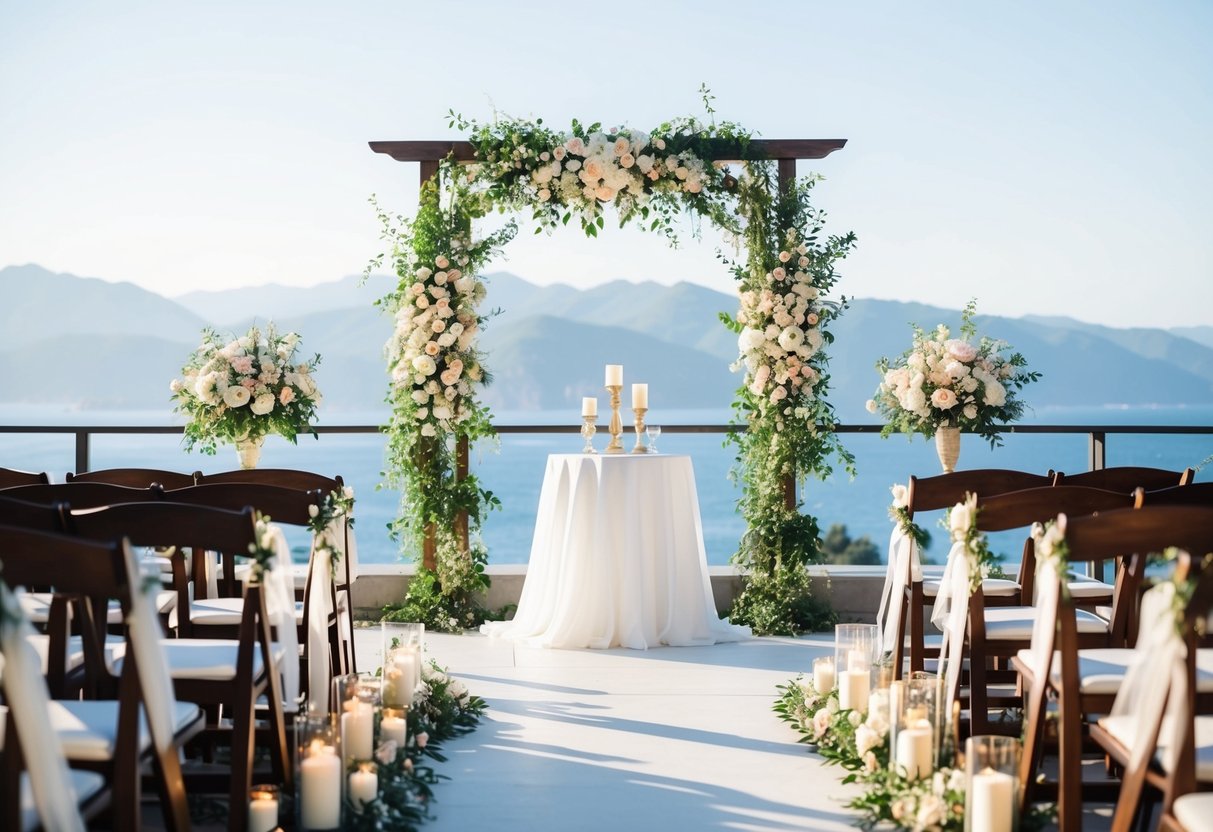A beautifully decorated wedding venue with flowers, candles, and a wedding arch, set against a picturesque backdrop of mountains or the sea