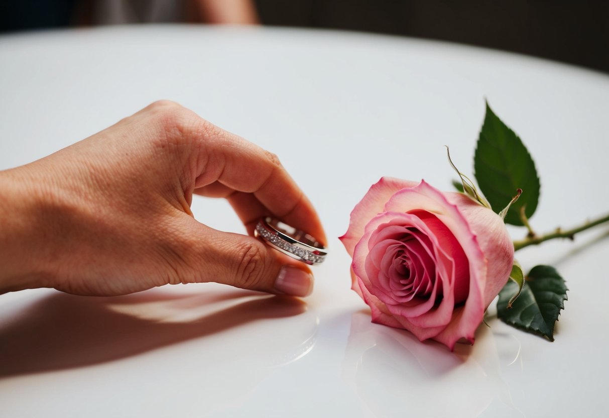 A hand places a wedding band on a table next to a single rose